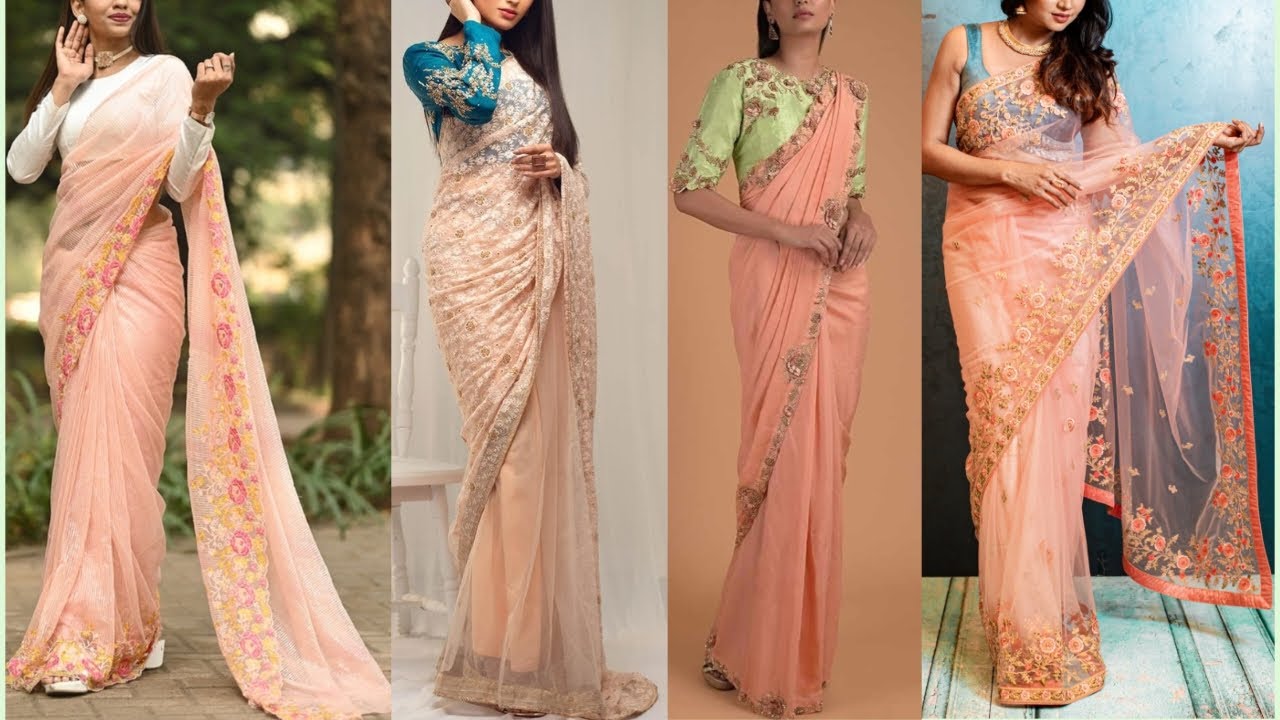 Net Designer Saree In Peach Colour - SR4690178